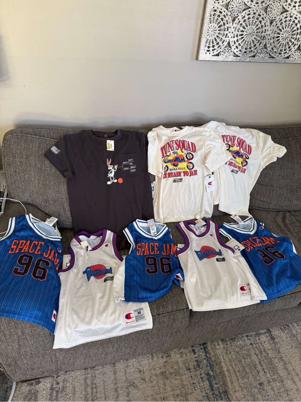 Champion Space Jam Kids Basketball Jersey & Tune Squad Tees - White, Blue,